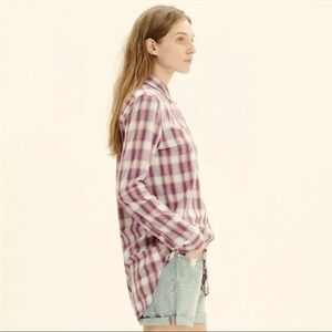 Madewell Ex-Boyfriend Button Up Shirt Manhasset Plaid XS Red Tan 100% Cotton